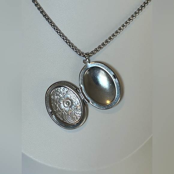 Floral Locket Necklace, Sterling Silver over Stainless Steel - Picture 3 of 9